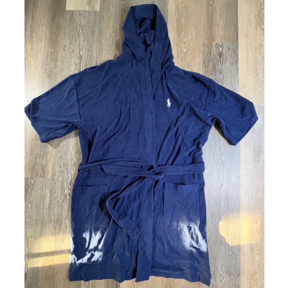 Polo Ralph Lauren Robe Mens L/XL Navy Blue Hooded Short Sleeve Terry Cloth 5670